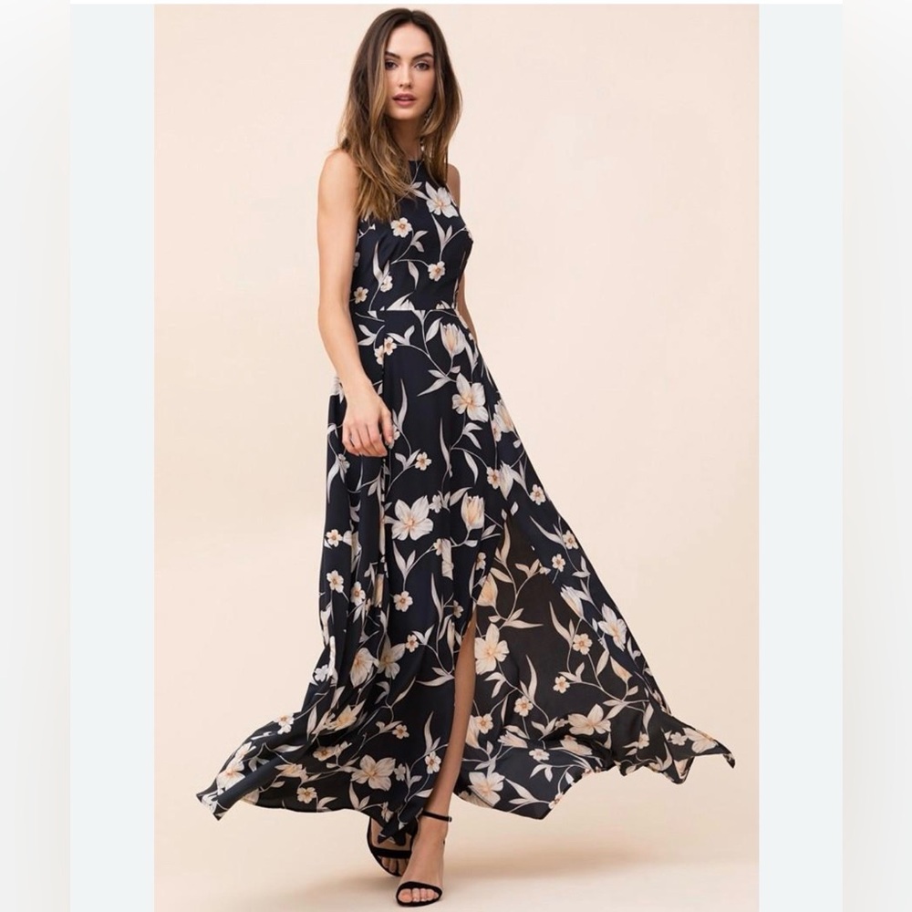 Yumi Kim Silk Maxi Dress with Cream Floral Print and High Slit